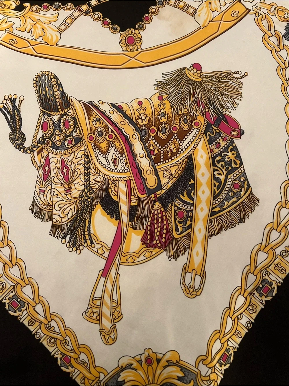 36” Scarf: Silk-Feel Baroque Print Scarf in Black, Gold & Cream
